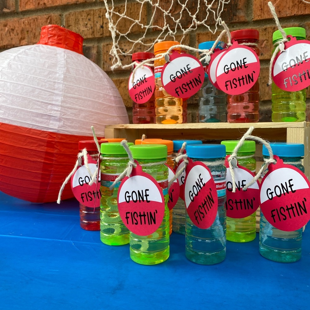 Colorful 'Gone Fishin'' Bobber Label for party favors